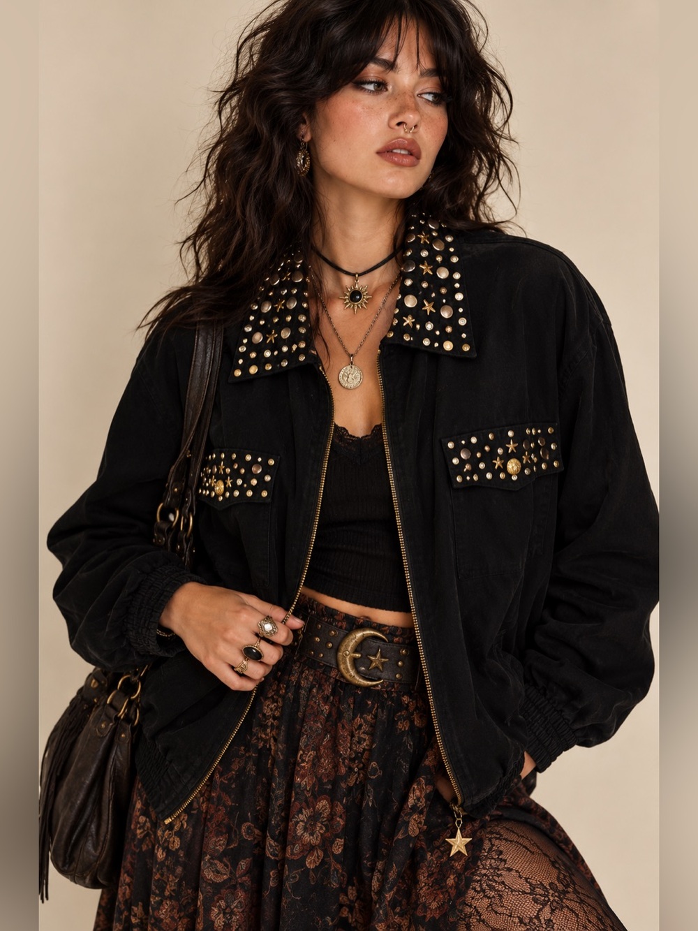 Vintage 90s EVR Black Gold Star Studded Cotton Jacket Whimsigoth Rocker Sz L